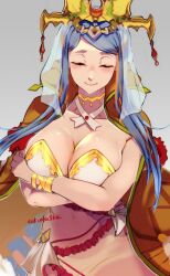 blue_hair blush breast_hold breasts cleavage closed_eyes closed_mouth cowboy_shot crossed_arms female flower gradient jewelry large_breasts long_hair see-through smile solo veil