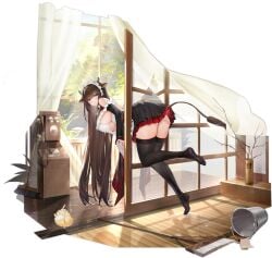 alternate_costume animal_ears apron ass azur_lane bell bent_over black_skirt black_thighhighs breasts broom brown_hair bucket cg cleaning cow_ears cow_girl cow_horns cow_tail curtains feet female frills full_body horns indoors kashino_(azur_lane) kashino_(maid_for_mayhem)_(azur_lane) large_breasts letterboxed long_hair looking_at_viewer maid maid_headdress miniskirt mop no_shoes official_alternate_costume official_art pleated_skirt purple_eyes skirt solo spill stuck tail thighhighs thighs underboob very_long_hair window wooden_floor