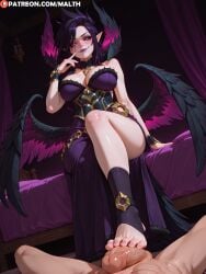 1boy 1girls ai_generated bedroom black_eyeshadow breasts cleavage feet female femdom foot_fetish footjob half-closed_eyes highres large_breasts league_of_legends looking_at_viewer makeup male malth morgana penis pink_eyes pointy_ears purple_hair purple_lipstick runny_makeup sitting smirk stepped_on thighs toeless_legwear wings