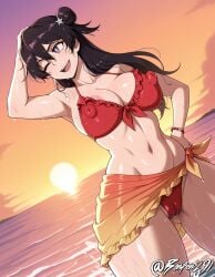 1girls ai_generated areolae_slip bambietta_basterbine beach big_breasts black_hair bleach bleach:_the_thousand-year_blood_war bleach_brave_souls bonfen291 bracelet breasts cameltoe cleavage covered_nipples dutch_angle female female_only frilled_bikini hair_bun hand_on_own_head hand_on_own_hip huge_nipples legs_apart light-skinned_female long_hair looking_to_the_side medium_breasts navel ocean one_eye_closed open_mouth pubic_hair_peek purple_eyes pussy red_bikini sarong self_upload shallow_water single_hair_bun single_side_bun smile solo splashing standing sunset swimsuit thick_thighs wet wet_hair
