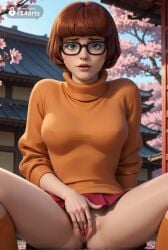 1girls ai_generated artist_name black-framed_eyewear bob_cut breasts brown_eyes brown_hair cartoon_network cherry_blossoms covered_nipples day female_masturbation fingering freckles glasses hanna-barbera hi_res kneehighs lips looking_at_viewer masturbation medium_breasts no_panties nose orange_socks orange_sweater outdoors parted_lips patreon_username pussy pussy_juice r34arts red_skirt scooby-doo short_hair sitting skirt socks solo spread_legs sweater turtleneck turtleneck_sweater uncensored velma_dinkley warner_brothers