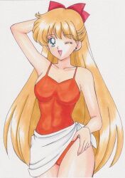 1990s_(style) adult_swim alluring bare_legs big_breasts bikini bishoujo_senshi_sailor_moon bishoujo_senshi_sailor_moon_r bishoujo_senshi_sailor_moon_r_the_movie bishoujo_senshi_sailor_moon_s bishoujo_senshi_sailor_moon_s_the_movie bishoujo_senshi_sailor_moon_supers bishoujo_senshi_sailor_moon_supers_the_movie blonde_hair blue_eyes breasts cleavage cute female minako_aino one-piece_bikini pareo pin_up rascal_(n119) retro_artstyle toei_animation toonami