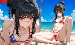ai_assisted ai_generated american_flag_bikini beach beach_towel black_hair chainsaw_man close-up face_scar feet heart-shaped_sunglasses mitaka_asa multiple_views ringed_eyes yoru_(chainsaw_man)