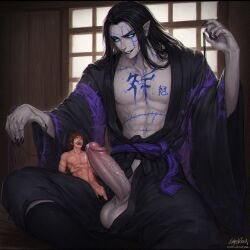 2boys ai ai_generated bisexual_male black_hair black_nails blue_eyes demon demon_boy dominant_male domination dripping_precum gay japanese japanese_clothes japanese_male kimono kimono_open long_hair male oc oc:tazgog original_character pale-skinned_male puppet puppet_strings sharp_nails shrunken_male size_comparison size_difference smirking smirking_at_another stitches