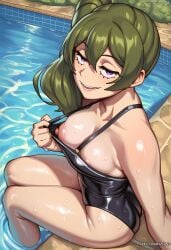 1girls ai_generated artist_name ass black_one-piece_swimsuit breasts clothes_pull female green_hair hair_between_eyes large_breasts long_hair looking_at_viewer nipple_slip nipples one-piece_swimsuit one-piece_swimsuit_pull open_mouth patreon_username pool poolside pulled_by_self purple_eyes side_ponytail sitting smile soaking_feet solo sousou_no_frieren swimsuit ubel_(sousou_no_frieren) water wet