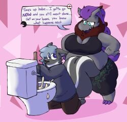 2025 anthro anthro_on_anthro belly big_belly biped blue_eyes bodily_fluids bottomwear bra candy_scat clothed clothing dialogue duo english_text eye_through_hair fan_character feces female fully_clothed fur generation_5_pokemon goopysecrets grey_body grey_fur hair hands_on_hips hi_res ice_cream_scat imminent_scat looking_at_another looking_back looking_back_at_another male mammal markings mephitid nintendo overweight overweight_anthro overweight_female pants pattern_background plunger pokeball pokemon pokemon_(species) premier_ball purple_hair rumbling_stomach shiny_pokemon simple_background skunk speech_bubble sports_bra striped_markings striped_tail stripes sweat sweatdrop sweater tail tail_markings text toilet topwear trans_(lore) trans_woman_(lore) translucent translucent_hair underwear unusual_feces zor_(nya4) zoroark