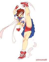 1girls brown_eyes brown_hair clothing female female_only footwear handwear human leg_lift leg_up rtil sakura_kasugano shorts shorts_under_skirt skirt street_fighter tagme tomboy upskirt