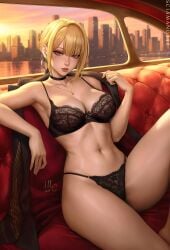 armpits artist_name black_bra black_choker black_jacket black_panties blonde_hair bra braid breasts car car_interior cg choker city cleavage collarbone earrings evelyn_chevalier female hair_bun jacket jewelry lace-trimmed_bra large_breasts lingerie lips looking_at_viewer mole mole_under_eye navel necklace panties purple_eyes sciamano240 short_hair signature sitting solo stomach sunset thighs underwear underwear_only zenless_zone_zero