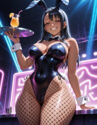ai_generated animal_ears bare_shoulders black_bow black_bowtie black_hair black_leotard blush bow bowtie breasts brown_eyes cameltoe cleavage covered_navel cup dark-skinned_female dark_skin detached_collar drinking_glass earclip earrings fake_animal_ears fake_tail female fishnet_pantyhose fishnets grin hair_ornament hairclip hayase_nagatoro highleg highleg_leotard holding holding_tray jewelry large_breasts leotard long_hair looking_at_viewer nail_polish pantyhose patreon_username playboy_bunny please_don't_bully_me,_nagatoro rabbit_ears rabbit_tail side-tie_leotard smile solo strapless strapless_leotard tail tan teeth thick_thighs thighs tray wide_hips wrist_cuffs wumpart