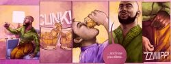 alcohol alcoholic_beverage alcoholic_drink beard bearded black_body celebrating celebration cheers comic comic_page comic_panel drinking drinking_glass drinks english_text face_closeup gay gay_male green_clothes ice ice_cube jugganaut_freak lamp light male missjugg no_visible_genitalia purple_clothes sleepy_pill sofa student_life table tagme toast yellow_pants zipper zipper_down zipper_pull_tab