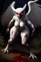 ai_generated animal_feet animal_humanoid beak blood_on_body blood_on_floor blood_on_hand breasts claws claws_out creepy feathers female forest frosting.ai furry furry_female furry_only horror looking_at_viewer madworld123 monster monster_girl natural_breasts night owl owl_demon owl_girl red_eyes white_body white_feathers white_fur wide_hips