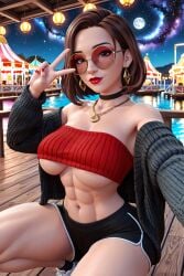 1girls 3d 3d_(artwork) abs ai ai_generated alt_girl amusement_park big_ass big_breasts booty_shorts breasts brown_hair busty cardigan carnival choker circle_glasses circular_glasses cute cute_face egirl female glasses hipster lindsey(oc) medium_hair muscular muscular_female night peace_sign petite petite_body radnsad red_glasses red_sunglasses selfie solo solo_female solo_focus theme_park thick_ass thick_thighs tubetop underboob