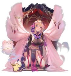arabian_clothes azur_lane black_gloves blonde_hair blush breasts bug butterfly cg cleavage curtain_grab curtains dancer female full_body gloves gold_chain gold_trim hair_between_eyes hair_ornament harem_outfit holding horns jewelry kneeling kumano_(azur_lane) kumano_(one_thousand_and_one_nights'_wishes)_(azur_lane) large_breasts long_hair looking_at_viewer nail_polish navel official_alternate_costume official_art pelvic_curtain purple_eyes see-through solo tongue tongue_out veil very_long_hair