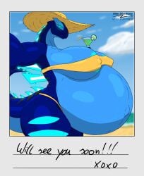 absurd_res anthro beach belly beverage bra breasts clothing female furry generation_2_pokemon hyper_belly hyper_pregnancy legendary_pokemon looking_at_viewer lugia navel niko_stargazer nikostargazer nintendo nipples nude outie_navel overweight panties pokemon pokemon_(species) polaroid_photo pregnant_anthro pregnant_female solo spikes_(anatomy) stretch_marks sun_hat thick_thighs veiny_belly
