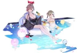2girls anklet azur_lane bare_shoulders barefoot bikini black_one-piece_swimsuit blonde_hair breasts cg cleavage collarbone cup duca_degli_abruzzi_(azur_lane) duca_degli_abruzzi_(lustrous_onyx_sirenetta)_(azur_lane) feet flower food giuseppe_garibaldi_(azur_lane) hair_ornament halo holding in_water innertube jewelry large_breasts light_brown_hair looking_at_viewer mechanical_arms multicolored_hair multiple_girls nail_polish navel official_alternate_costume official_art one-piece_swimsuit partially_submerged petals pool prosthesis prosthetic_arm red_eyes red_nails see-through short_hair single_mechanical_arm sitting smile swim_ring swimsuit twintails water