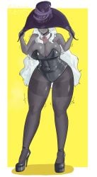 shisohide very_high_resolution 2025 fromsoftware elden_ring elden_ring_nightreign recluse_(nightreign) 1girls female female_only solo full_body witch_hat white_hair long_hair dark_skin dark-skinned_female black_body covering_eyes detached_collar neck_ribbon big_breasts leotard wide_hips thick_thighs pantyhose heels high_heels