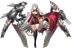 aiguillette azur_lane black_cape black_dress black_footwear black_thighhighs boots breasts cannon cape cg cleavage dress epaulettes female floating_hair full_body glint gloves gold_trim grey_eyes grey_hair high_heel_boots high_heels holding holding_sword holding_weapon jacket jewelry large_breasts long_hair long_sleeves looking_at_viewer machinery medal messy_hair official_art red_cape red_jacket rigging saber_(weapon) sheath sheathed short_dress simple_background skindentation smile solo standing sword thigh_boots thighhighs transparent_background turret unsheathing very_long_hair vittorio_veneto_(azur_lane) weapon white_background white_gloves white_hair zettai_ryouiki