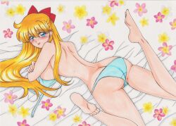 1990s_(style) :p adult_swim alluring ass barefoot bikini bishoujo_senshi_sailor_moon bishoujo_senshi_sailor_moon_r bishoujo_senshi_sailor_moon_s bishoujo_senshi_sailor_moon_supers blonde_hair blue_bikini blue_eyes blush bra butt_crack cute feet female female_focus floral_background hair_ornament hair_ribbon highres lingerie long_hair lying minako_aino on_stomach panties rascal_(n119) retro_artstyle ribbon sailor_venus smile solo swimsuit toei_animation tongue tongue_out toonami underwear
