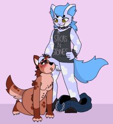 anthro ashblondekittyy balls blue_body blue_bottomwear blue_clothing blue_fur blue_hair blue_jeans blue_pants blush bodily_fluids bottomwear bottomwear_down bracelet breasts brown_body brown_fur brown_hair canid canine chains clothed clothing collar denim denim_bottomwear denim_clothing drooling duo ear_piercing facial_hair female footwear fur genital_fluids genitals hair hi_res jeans jewelry kneeling kyrii looking_down looking_down_at_partner looking_up_at_partner male male/female mammal neopet_(species) neopets nipples pants pants_down partially_clothed penis penis_on_face piercing precum saliva shirt shoes smile spiked_bracelet spiked_collar spikes spots tail tank_top topwear white_body white_fur white_spots