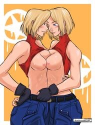 2girls asymmetrical_docking bare_shoulders blonde_hair blue_eyes blue_mary blueversusred breast_press breasts dual_persona fatal_fury fingerless_gloves forehead-to-forehead gloves halter_top halterneck hug king_of_fighters midriff multiple_girls nipples no_bra selfcest short_hair snk sweat symmetrical_docking top_lift watermark web_address wink