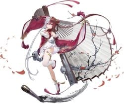 azur_lane bare_shoulders black_background breasts brown_hair cg chao_ho_(azur_lane) china_dress chinese_clothes cleavage cleavage_cutout clothing_cutout cone_hair_bun detached_sleeves double_bun dress female folding_fan full_body hair_between_eyes hair_bun hair_ornament hand_fan holding holding_fan leg_up long_hair looking_at_viewer medium_breasts multicolored_hair official_art purple_eyes red_dress red_hair red_sleeves rigging scroll single_thighhigh solo split-color_hair standing standing_on_one_leg thigh_strap thighhighs torpedo twintails two-tone_hair very_long_hair white_hair white_thighhighs wide_sleeves