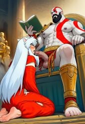 2boys ai_generated bara cum god_of_war inuyasha inuyasha_(character) kneeling kratos male male/male male_only muscular muscular_male penis reading reading_book sitting sitting_on_chair throne yaoi