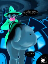 1boy 1boy1girl 1girls 2d anthro caprine color colored deltarune dialogue digital_media_(artwork) english_text female furry goat green_cloak green_hat highres imminent_vore male male_pred nonbinary pink_scarf prey_outline ralsei_(deltarune) ralsei_with_black_fur same_size_vore speech_bubble susie_(deltarune) text vore vore_belly