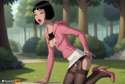 1girls ai_generated arm_support artist_name ben_10 black_hair black_shirt blunt_bangs blunt_ends bob_cut breasts breasts_out bush cartoon_network closed_eyes clothes_lift crotchless_pantyhose day female foliage forest garter_belt grass hi_res high_heels hood hood_down hoodie jacket julie_yamamoto kneeling lifted_by_self long_sleeves medium_breasts miniskirt nature nipples no_bra open_clothes open_mouth oral_invitation outdoors panties pantyhose park pink_footwear pink_hoodie pink_jacket pussy rule34lab shirt shirt_lift short_hair skirt skirt_lift small_breasts solo teeth thighhighs torn_clothes torn_pantyhose tree uncensored underwear upper_teeth_only white_skirt younger_female