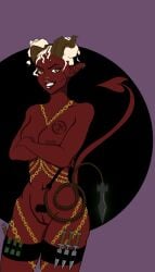 breasts casual chains confident confidently_naked crossed_arms dark_skin devil dungeons_and_dragons female gold_jewelry horn humanoid knife kunai legnax18 legwear nudist original_character red_skin rogue shameless standing tactical_nudity tail tattoo thighband tiefling weapon whip white_hair