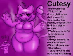 anthro belly bodily_fluids breasts clothed clothing collar cutesy(silly_roll) domestic_cat english_description english_text felid feline felis female greasy hair mammal messy_hair mostly_nude obese obese_female overweight overweight_female pawpads paws silly_roll slightly_chubby smelly solo sweat tail text wide_hips