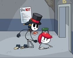 accurate_art_style anti_groove arms_crossed doggy_style ellie_rose henry_stickmin_(game) holding_partner lisnotsfw looking_at_viewer on_floor on_model puffballs_united red_hair stickman top_hat