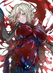 blood_splatter blue_eyes bodysuit breasts e.g.o_(project_moon) faust_(limbus_company) female fluid_sac large_breasts limbus_company project_moon white_hair