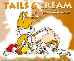 anthro arm_grab bbmbbf canine character_name cream_the_rabbit female fox fur interspecies male mammal nude rabbit sega side_view smile sonic_(series) straight tagme tails uekawa_style