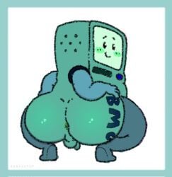 2025 adventure_time anus ass balls bananapop big_butt black_eyes blush bmo body_writing cartoon_network crouching digital_media_(artwork) genitals green_body hi_res looking_at_viewer looking_back machine male mo_(adventure_time) penis presenting presenting_hindquarters rear_view robot screen screen_face small_balls small_penis smile solo teapot_(body_type) thick_thighs three-quarter_view writing_on_butt