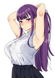 alternate_costume alternate_hairstyle armpits arms_behind_head black_skirt blunt_bangs breast_pocket breasts closed_mouth collared_shirt commentary_request contemporary female fern_(sousou_no_frieren) from_side highres large_breasts long_hair looking_at_viewer pleated_skirt pocket ponytail purple_eyes purple_hair shirt shirt_tucked_in skirt sleeveless sleeveless_shirt sousou_no_frieren white_background white_shirt yami_anko