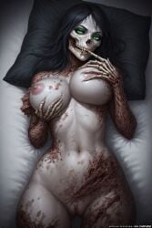 ai_generated bed bones dark_hair disciples_2 female green_eyes pale_skin sole_female undead
