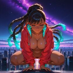 1girls ai_generated bottomless breasts brown_skin c.c.leah dreadlocks exhibitionism exhibitionist exposed_ass exposed_pussy female flashing_pussy hoodie_only jacket_only kimberly_jackson open_hoodie open_jacket outdoors outdoors_nudity pubic_hair public pussy solo squatting street_fighter street_fighter_6 vagina