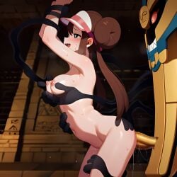 1boy 1girls ai_generated arms_up blush breast_grab breasts brown_hair cofagrigus dadfox female ghost_hands green_eyes hand_on_ass hand_on_leg headgear holding_breast male nude open_mouth pokemon pokemon_bw2 pokephilia pussy pussy_juice pussy_juice_string restrained restrained_arms rosa_(pokemon) ruins sex sex_from_behind standing_sex sweat temple