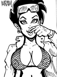 1girls areola areolae asian breasts eyewear_on_head female female_only fishnet_bra jubilation_lee jubilee marvel monochrome nipples ramnation solo straight_hair sunglasses_on_head tagme x-men