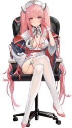 azur_lane black_background blush breasts center_opening cg chair choker cleavage closed_mouth crossed_legs dress female full_body gloves hair_ornament half_gloves hand_on_own_hip hat high_heels id_card jacket lanyard large_breasts long_hair long_sleeves looking_at_viewer medium_breasts nurse_cap off_shoulder office_chair official_alternate_costume official_art on_chair open_clothes perseus_(azur_lane) perseus_(nursery_service_time)_(azur_lane) pink_eyes pink_footwear pink_gloves pink_hair simple_background sitting solo swivel_chair thighhighs twintails very_long_hair white_dress white_headwear white_thighhighs wide_sleeves