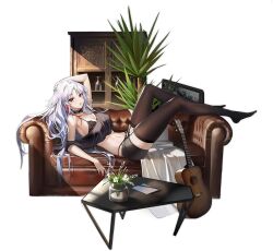 :o arm_behind_head arm_up azur_lane bare_shoulders black_bra black_choker black_footwear black_panties black_shirt black_shorts black_thighhighs bra breasts cg choker cleavage couch crop_top electric_guitar female full_body guitar high_heels indoors instrument lace_trim large_breasts long_hair looking_at_viewer lying midriff mole multicolored_hair navel off_shoulder official_alternate_costume official_art on_back on_couch open_mouth panties panty_straps parted_bangs plant potted_plant red_eyes red_hair shirt short_shorts short_sleeves shorts solo stomach streaked_hair string_bra table tallin_(nostalgic_pilsner)_(azur_lane) tallinn_(azur_lane) thighhighs thighs underwear very_long_hair white_hair