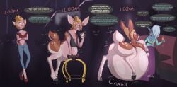 all_fours ass belly belly_inflation beverage big_belly big_breasts blonde_hair blue_body blue_eyes breast_expansion breasts brown_body busty_feral clothing deer dialogue digital_media_(artwork) drunk duo ear_piercing ear_ring elf english_text expansion female feral footwear genitals grandstorm hair hair_bun hi_res high_heels holding_beverage holding_champagne_glass holding_object hooves human human_to_feral humanoid inflation looking_up mammal open_mouth piercing pussy ring_piercing shoes smile species_transformation standing substance_intoxication tail text time_lapse transformation vulva white_hair