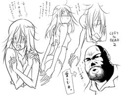 1boy 1girls :t claws coach_(left_4_dead) down_blouse embarrassed female flat_chest g-room_honten left_4_dead left_4_dead_2 long_hair looking_back male messy_hair monochrome nipple_slip partially_translated pout rough_sketch tears the_witch torn_clothes translation_request witch_(left_4_dead) zombie