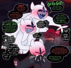 1boy 3_eyes 3_heads black_body black_fur blue_tongue blush blush_lines bodily_fluids clover_(deltarune) crushpepper cum cum_in_mouth cum_inside deltarune ejaculation english_text fellatio foot_on_wrist fur genital_fluids grin hi_res horn male moan multi_eye multi_head oral penile penis ralsei sex sharp_teeth smile speech_bubble tagme tail teeth text tongue undertale_(series) white_body