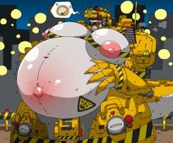 1girls 2020 4_fingers antenna_wire armor armored_female belly_blush belly_markings big_areolae big_nipples breast_markings breasts breasts_on_belly city_background clawed_fingers construction_site construction_worker crotch_plate emanata exhaust exhaust_pipe female gigantic_belly gigantic_breasts grey_body hage hand_on_breast handlebars hazard_stripes hazard_symbol helmet humanoid_robot hyper hyper_belly industrial lights living_machine machine_girl mecha navel night nipples oerba_yun_fang open_mouth original_character popped_navel pregnant pregnant_anthro pregnant_female pressure pressure_gauge puffy_areolae red_eyes robot robot_girl rumbling_stomach scuff_marks slit_pupils solo speech_bubble sweat sweatdrop tail tail_markings thick_thighs triangle_(marking) vents warning_sign yellow_armor