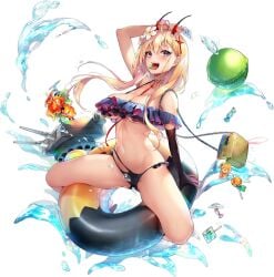 arm_up azur_lane bag bare_shoulders between_breasts bikini black_background black_bikini black_gloves blonde_hair blush breasts candy cg choker cleavage collarbone cross_hair_ornament elbow_gloves female flower food frilled_bikini frills fruit gloves groin hair_flower hair_ornament holding horns innertube kumano_(azur_lane) kumano_(fancy_waves)_(azur_lane) large_breasts lollipop long_hair looking_at_viewer mismatched_bikini multi-strapped_bikini_bottom multicolored_bikini multicolored_clothes navel off-shoulder_bikini off_shoulder official_alternate_costume official_art open_mouth purple_eyes sharp_teeth shoulder_bag sidelocks simple_background single_elbow_glove single_glove solo spread_legs stomach strap_between_breasts swim_ring swimsuit teeth tongue tongue_out turret underboob water