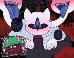 1boy 3_eyes 3_heads animal_genitalia animal_penis black_body black_fur blue_tongue blush blush_lines bodily_fluids claws clover_(deltarune) crushpepper deltarune drooling english_text equine_genitalia equine_penis fellatio fur genitals hi_res horn laugh looking_at_viewer male multi_eye multi_head oral penile penis ralsei saliva sex sharp_teeth speech_bubble stuttering tagme teeth text tongue tongue_out undertale_(series) white_body