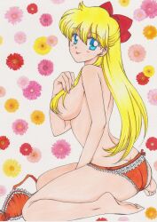 1990s_(style) absurdres adult_swim alluring ass barefoot bikini bishoujo_senshi_sailor_moon bishoujo_senshi_sailor_moon_s bishoujo_senshi_sailor_moon_supers blonde_hair blue_eyes bra breasts butt_crack cute feet female female_focus floral_background flower hair_ornament hair_ribbon highres lingerie long_hair minako_aino orange_bikini orange_bra orange_panties panties rascal_(n119) retro_artstyle ribbon smile solo swimsuit toonami topless_female underwear