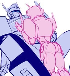 autobot blush cybertronian elita_one from_behind imminent_sex implied_futanari intimate male muscular_ass optimus_prime robot size_difference spread_legs straight transformers