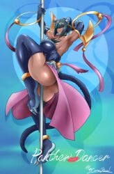 artist_signature ass cat_ears cat_tail character_name comic_hand duel_monster fully_clothed furry hair_covering_eyes large_breasts lunalight lunalight_panther_dancer smile stripper_pole tan_skin yu-gi-oh!